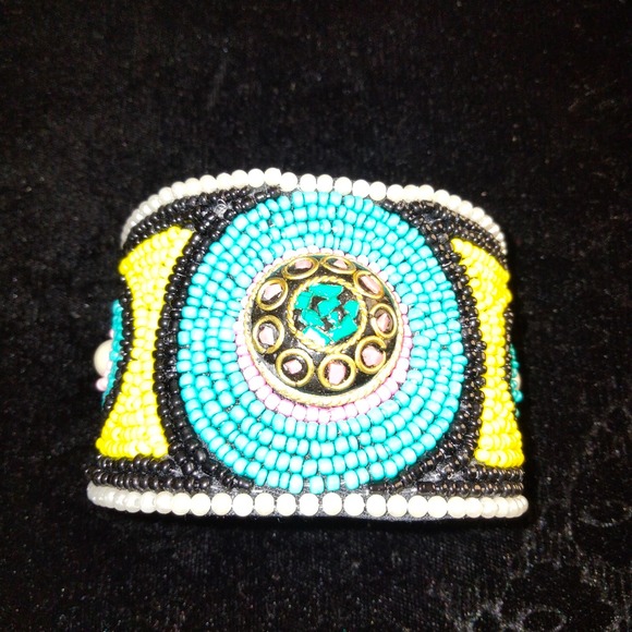 Iris Apfel & Bajalia Beaded Turquoise Yellow & Black Embellished Cuff Bracelet - Picture 1 of 11